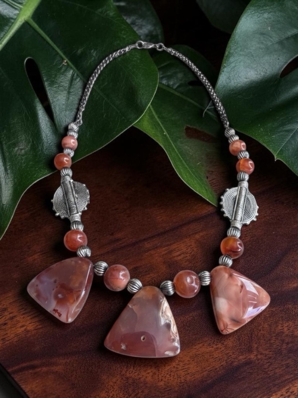Handcrafted Carnelian and Silver-Tone Statement Necklace